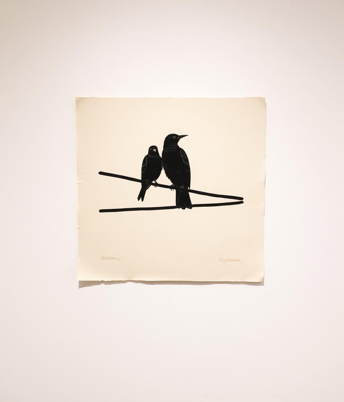 Two-color linocut print of silhouetted birds on a telephone wire, by Hana Mori.