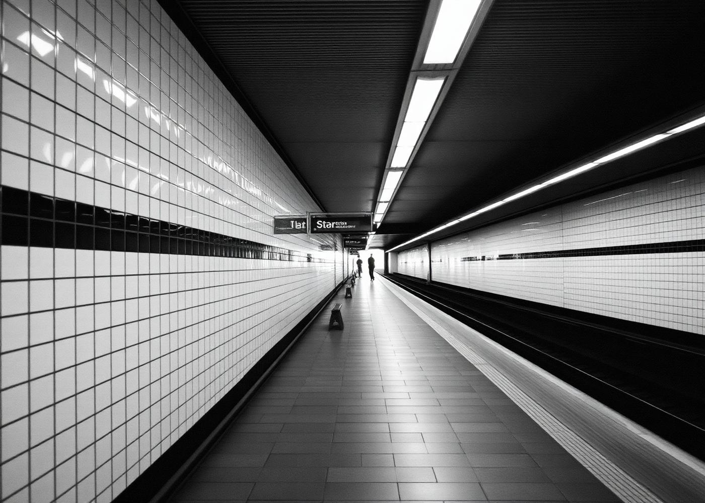 Black and white photograph of an empty subway platform at dawn, by Jonas Okafor.